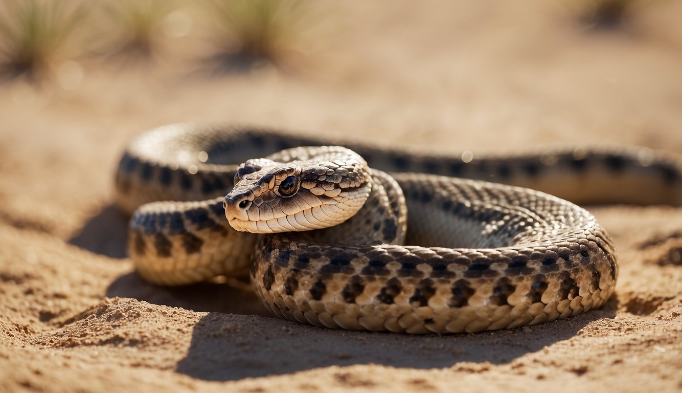 Sidewinder rattlesnakes slither across sandy desert dunes, intertwining in a mating dance.

The male and female reptiles coil around each other, their scales shimmering in the desert sun