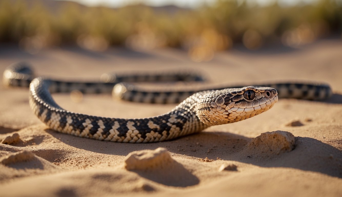 A group of sidewinder rattlesnakes slither across the hot desert sand, moving in a unique sideways motion.

Their bodies create sinuous patterns as they dance in the sun