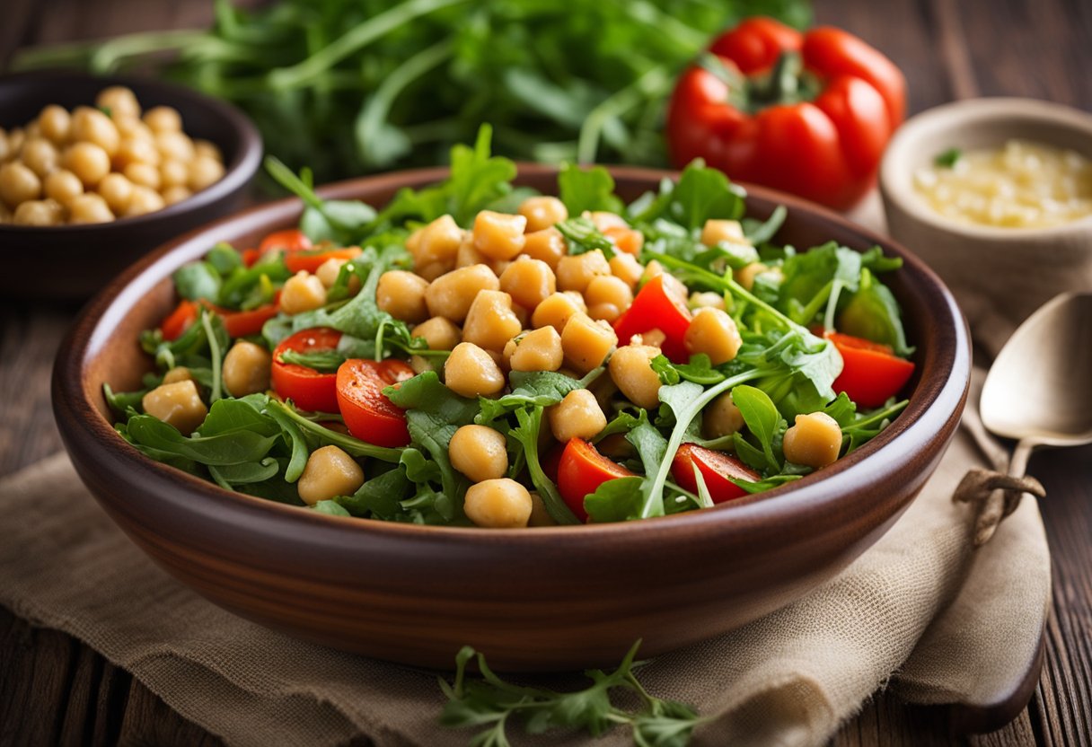 A bowl of chickpea salad with arugula and roasted red bell pepper sits on a wooden table, surrounded by fresh ingredients and a drizzle of vinaigrette