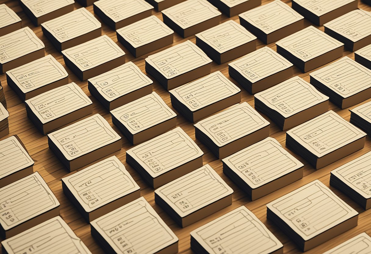 A stack of quote cards arranged in a neat row, with the numbers 51 to 75 clearly visible on each card. The cards are placed on a wooden table with a soft, warm light illuminating them from above
