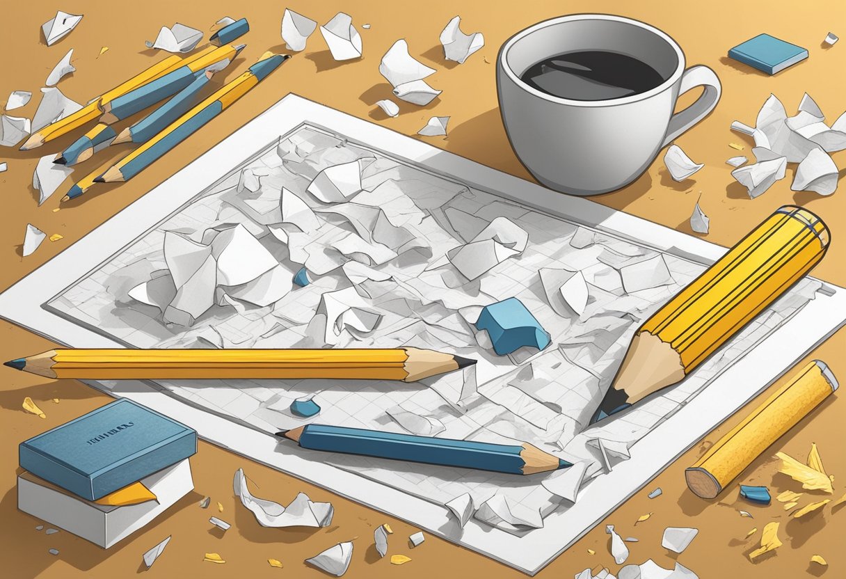 Mistakes are symbolized by a broken pencil, crumpled paper, and eraser shavings scattered on a desk
