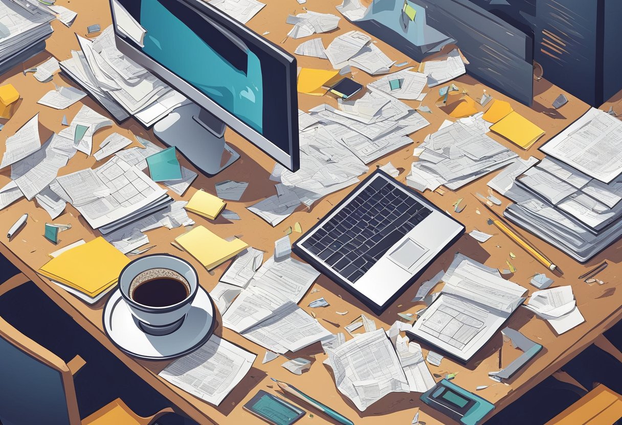 A disorganized desk with scattered papers and spilled coffee, surrounded by crumpled up notes and a broken pencil