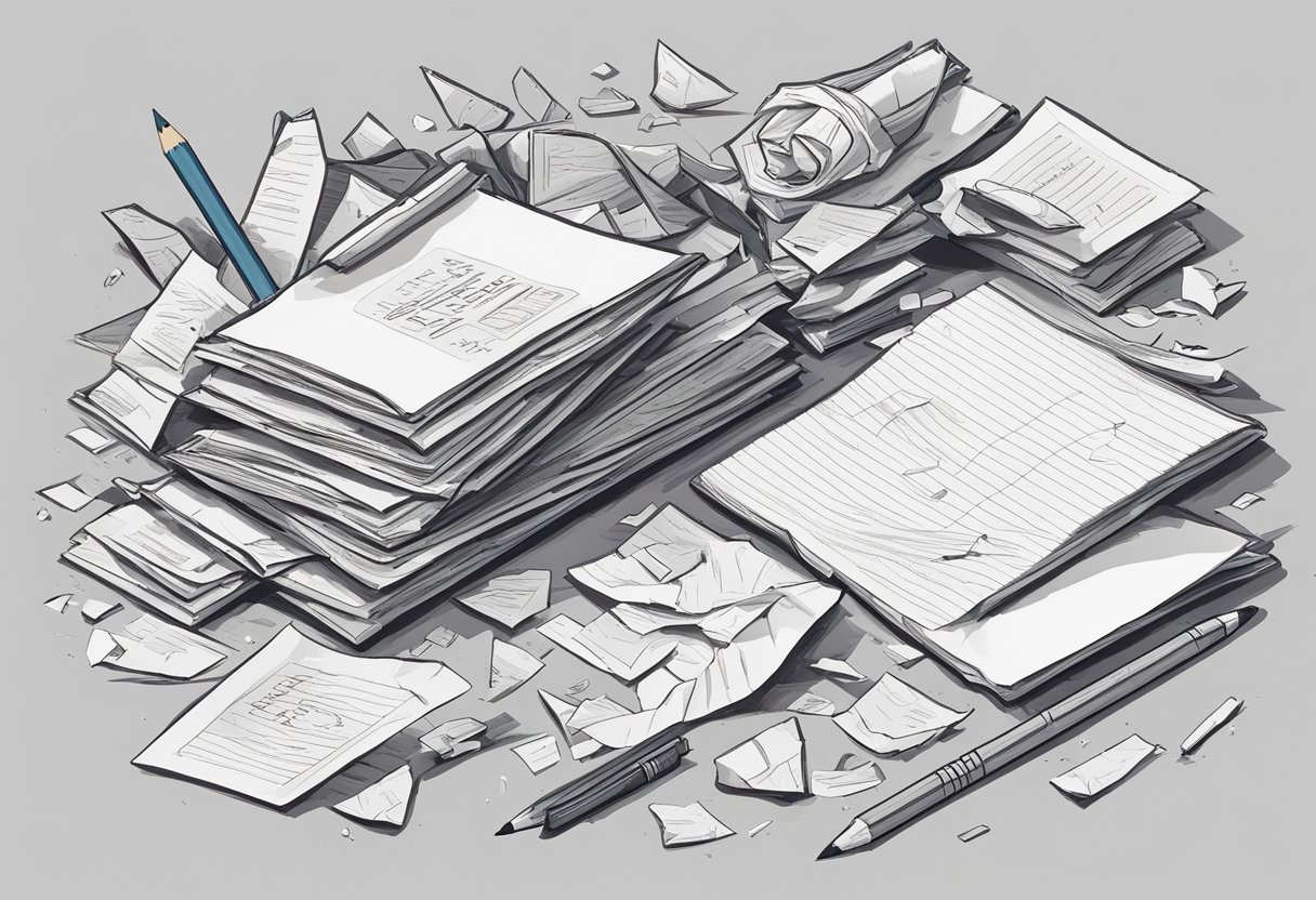 A pile of crumpled papers surrounds a broken pencil on a cluttered desk, with a frustrated hand-written note that reads "Mistakes are proof that you are trying."
