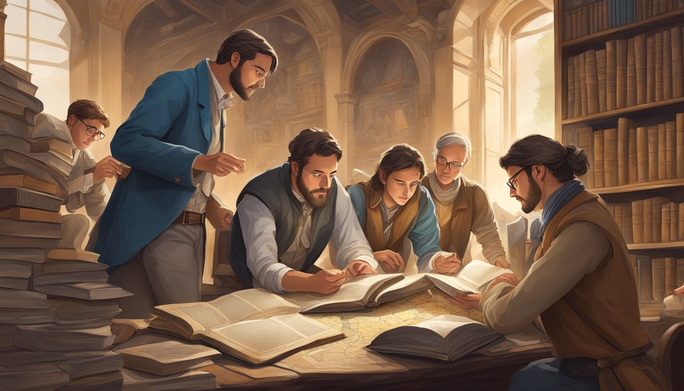 A group of people engrossed in reading historical novels, surrounded by ancient artifacts and maps, with a sense of curiosity and excitement in the air
