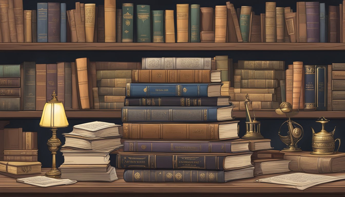 A stack of historical novels with titles visible, surrounded by an assortment of historical artifacts and documents