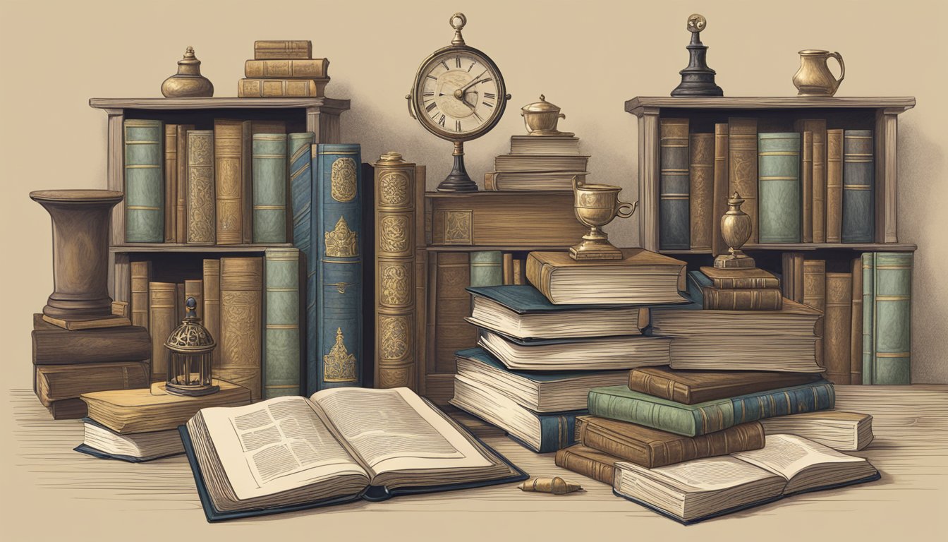 A historical novel being read, surrounded by books and historical artifacts
