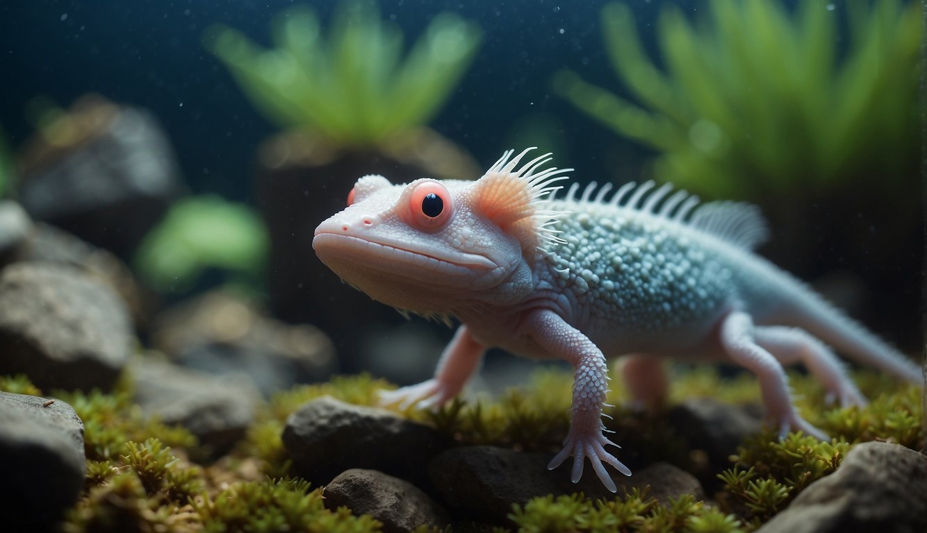 Axolotls regrow lost limbs in an underwater habitat with colorful plants and rocks