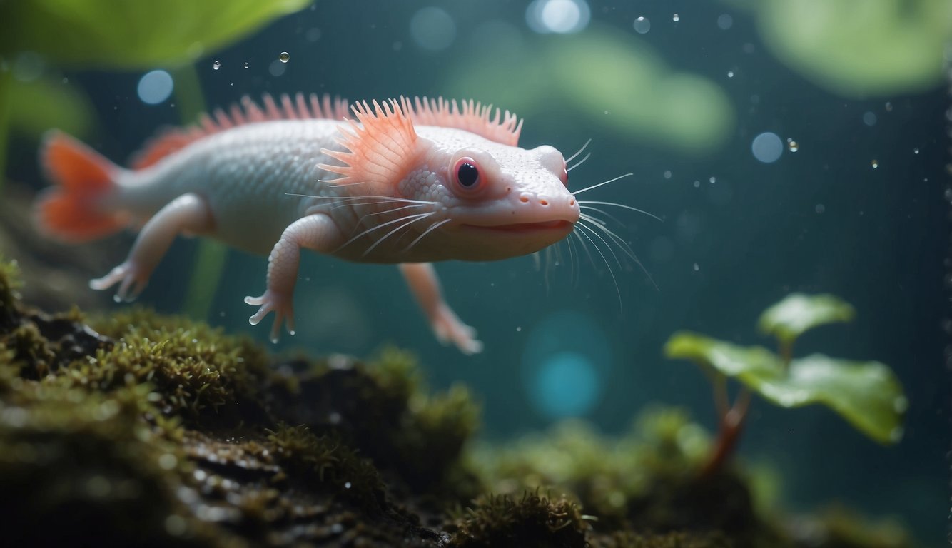 An axolotl regrows its lost limb, showcasing its remarkable regenerative powers.

The tiny creature swims gracefully in its aquatic habitat, demonstrating its unique ability to heal and thrive