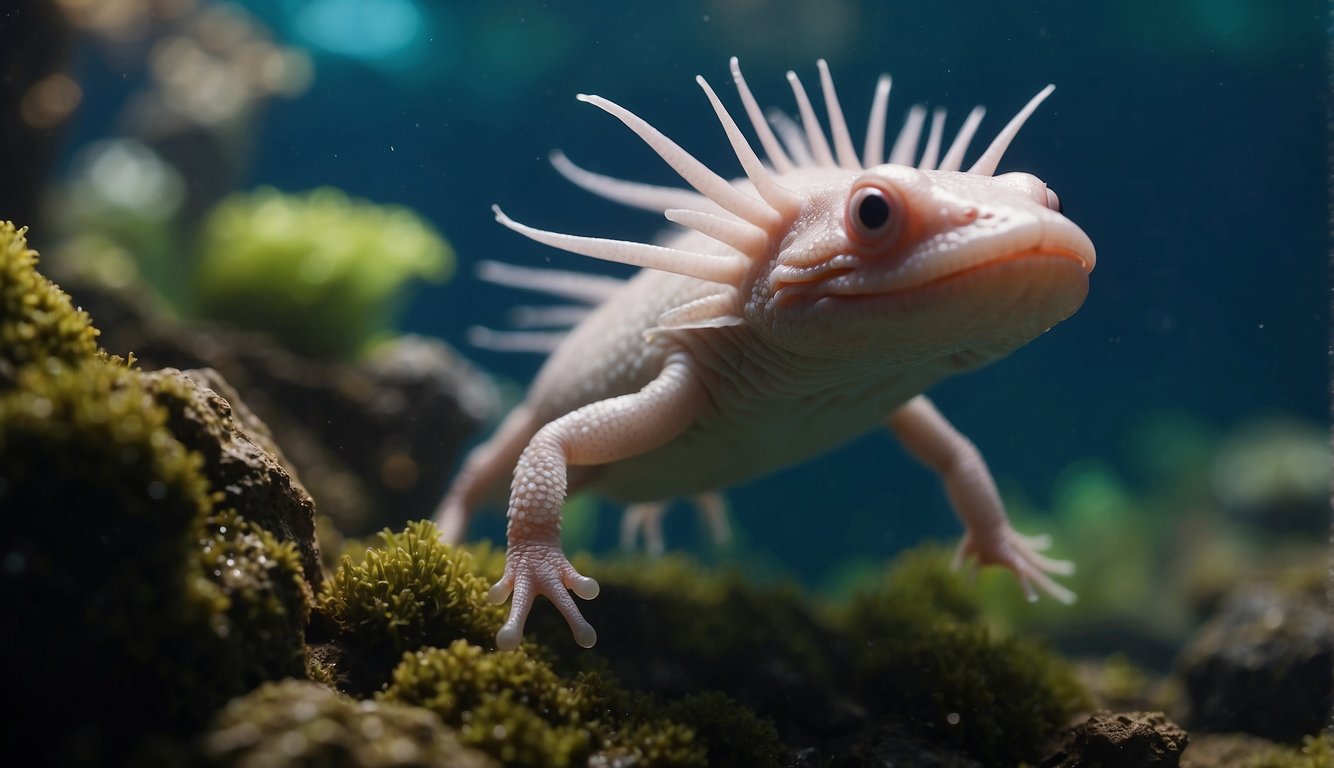 An axolotl swims gracefully, its regenerative powers on display as it effortlessly regrows a lost limb.

The vibrant colors of the aquatic environment provide a stunning backdrop for this incredible feat of nature