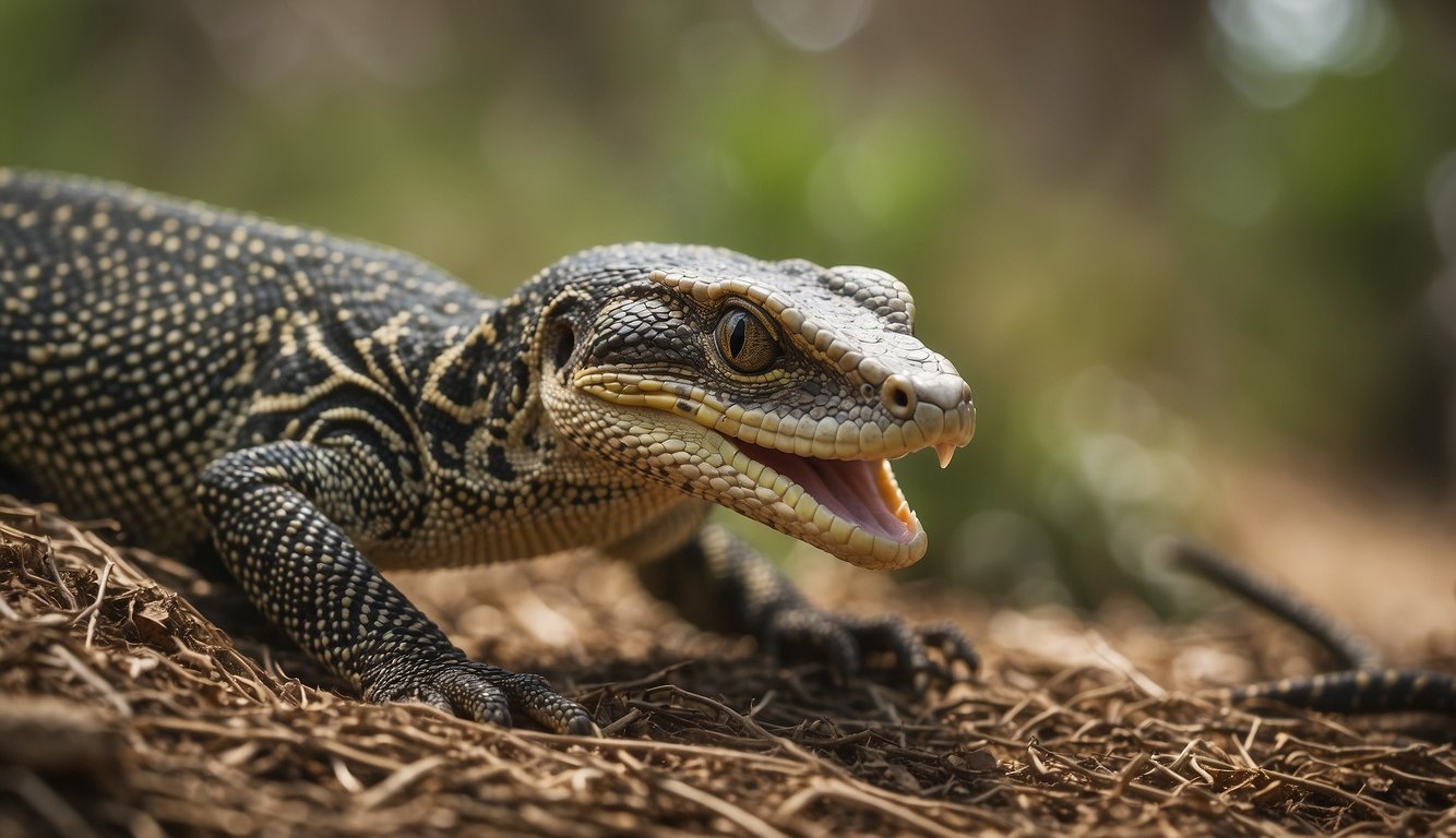 A Nile monitor stealthily approaches a nest, seizing eggs with its agile claws and swift movements