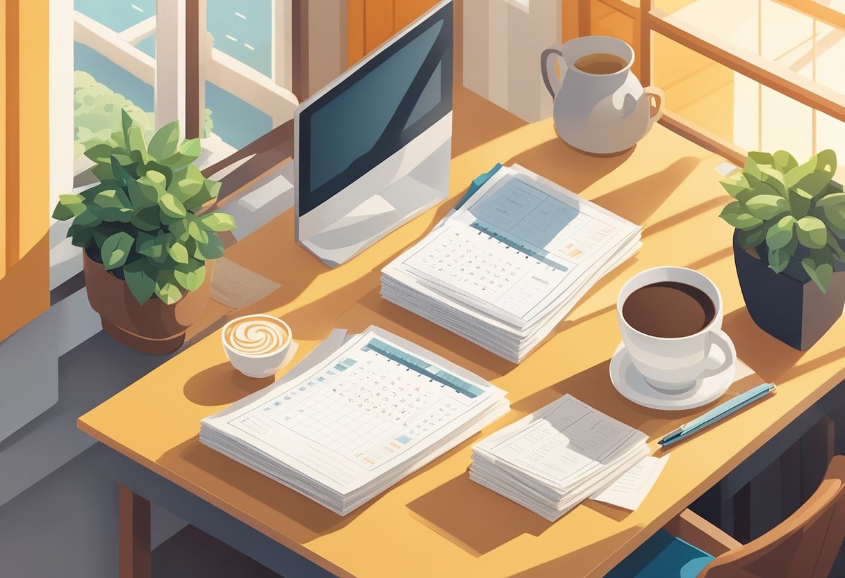 A desk with a neatly arranged stack of papers, a cup of coffee, and a calendar open to Monday. Sunlight streams through the window, casting a warm glow on the scene