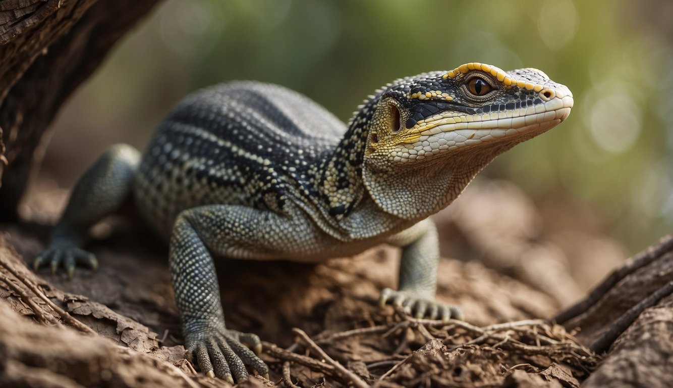 A Nile monitor carefully approaches a nest, using its sharp claws to deftly remove eggs without disturbing the surroundings