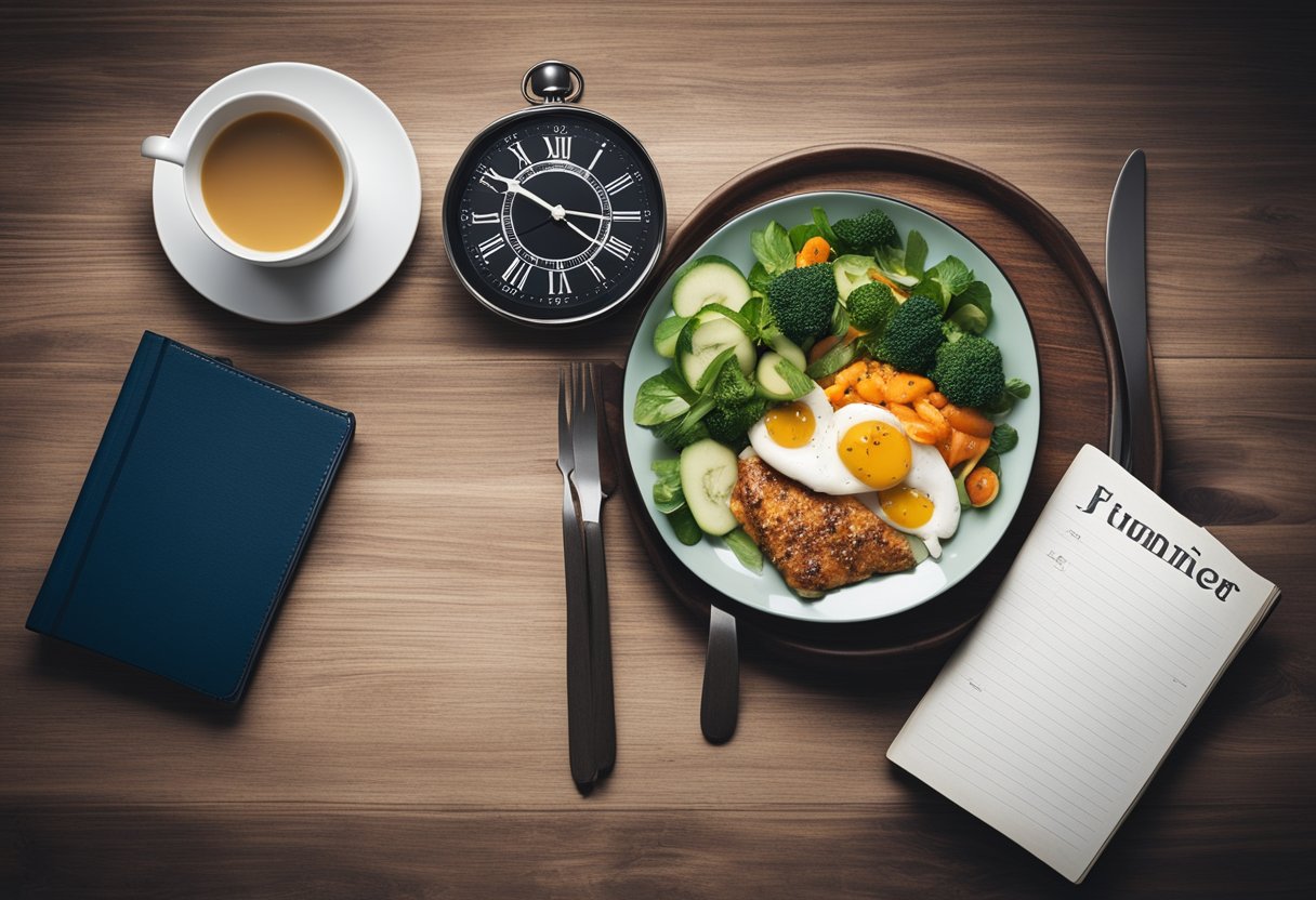 How to Relearn Hunger Cues: A table with a balanced meal, a clock showing meal times, a person listening to their stomach, and a journal for tracking hunger cues