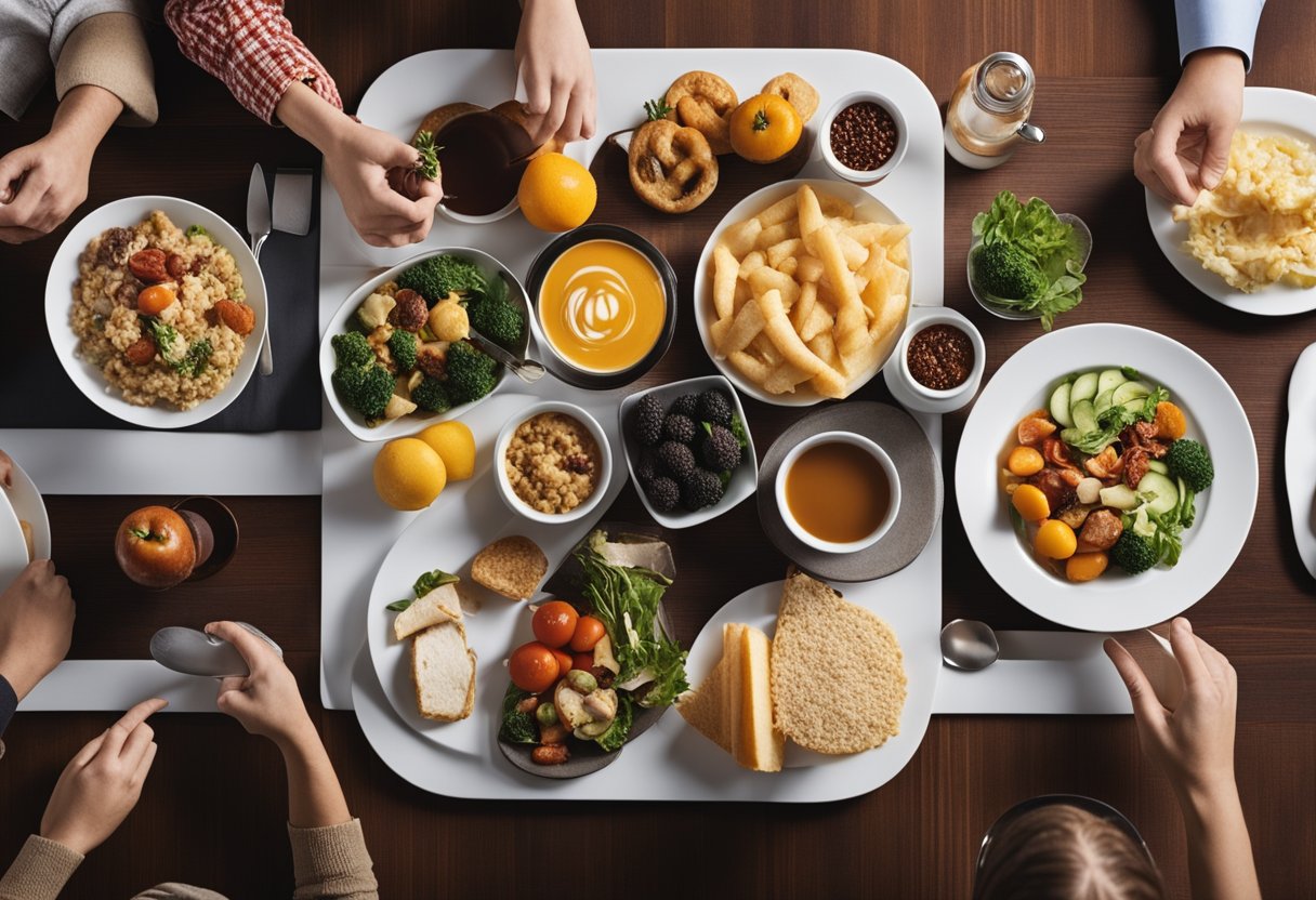 How to Relearn Hunger Cues: A table set with a variety of foods, a clock showing different meal times, and a person listening to their stomach growling