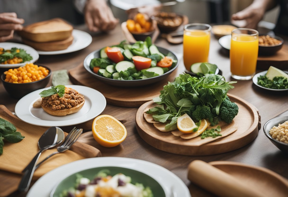 How to Relearn Hunger Cues: A table set with colorful, whole foods. A person sits, eyes closed, tuning into their body's hunger signals