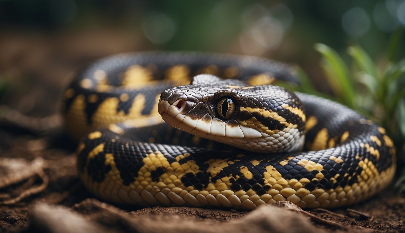 A python's coiled body constricts around a struggling rodent with precision