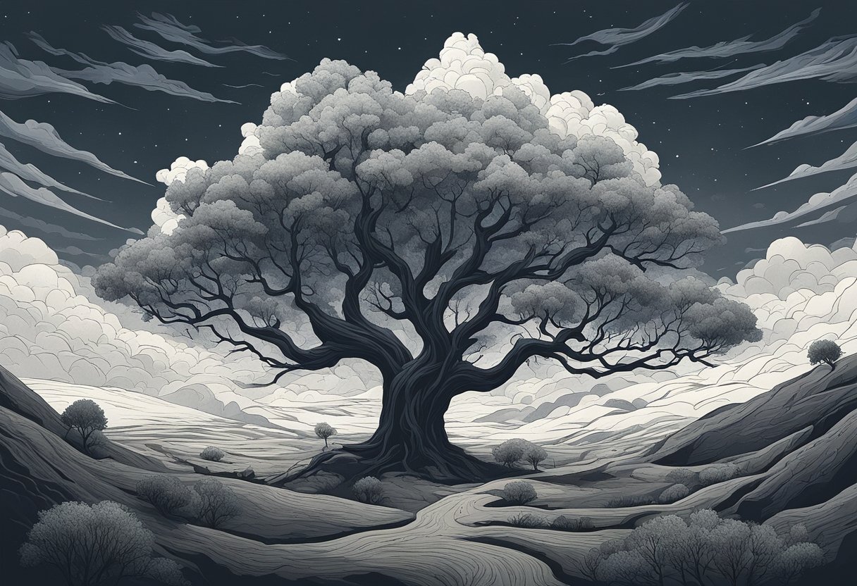 A stormy sky looms overhead, casting a dark shadow over a barren landscape. The wind howls through the empty trees, and the ground is littered with fallen branches