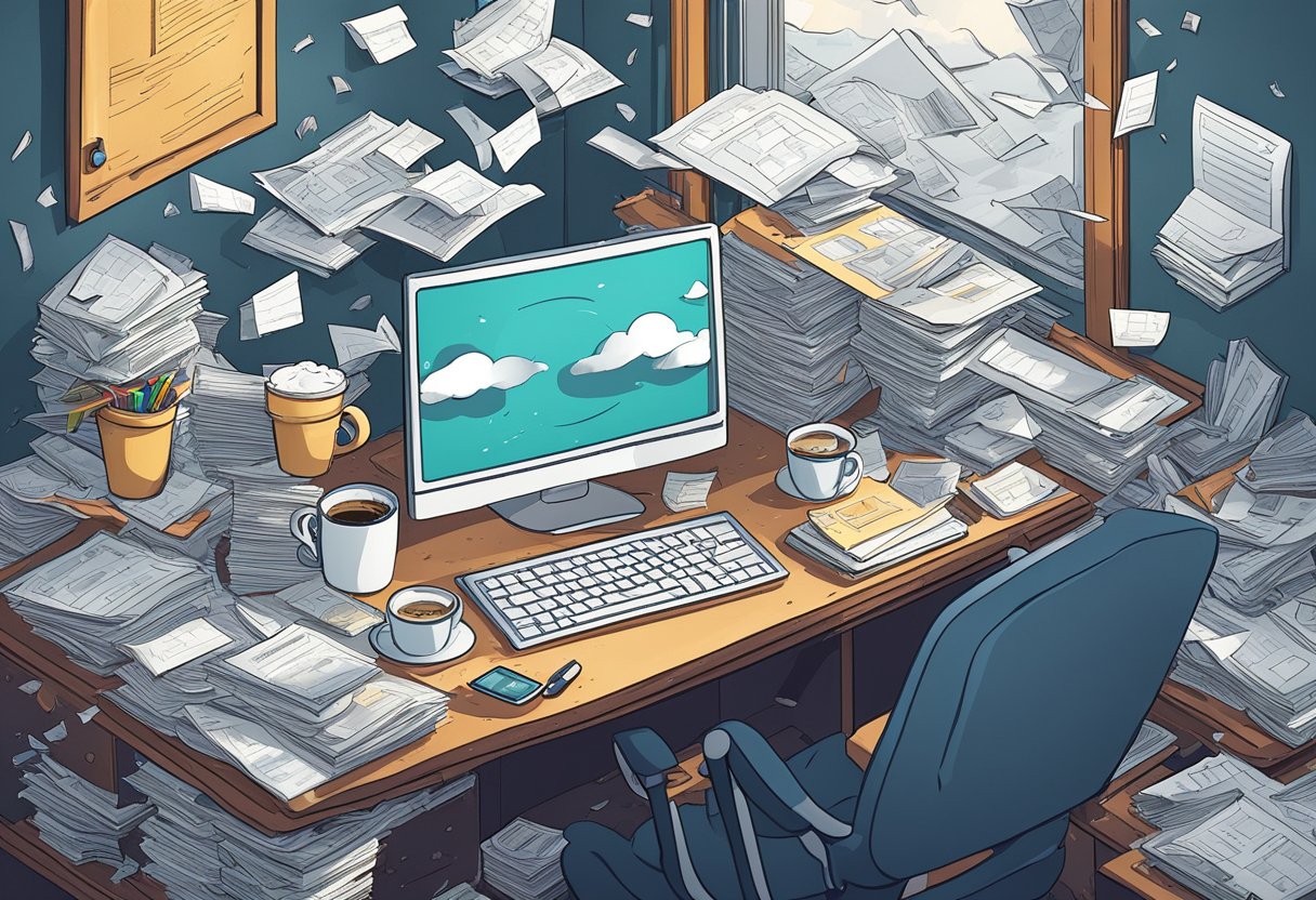 A cluttered desk with scattered papers, a spilled coffee cup, and a frowning face on a computer screen. A stormy sky outside the window adds to the feeling of a bad day