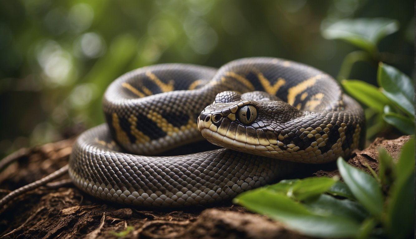 A python coils around a small mammal, constricting with precise force.

The surrounding ecosystem is lush and vibrant, with a variety of flora and fauna
