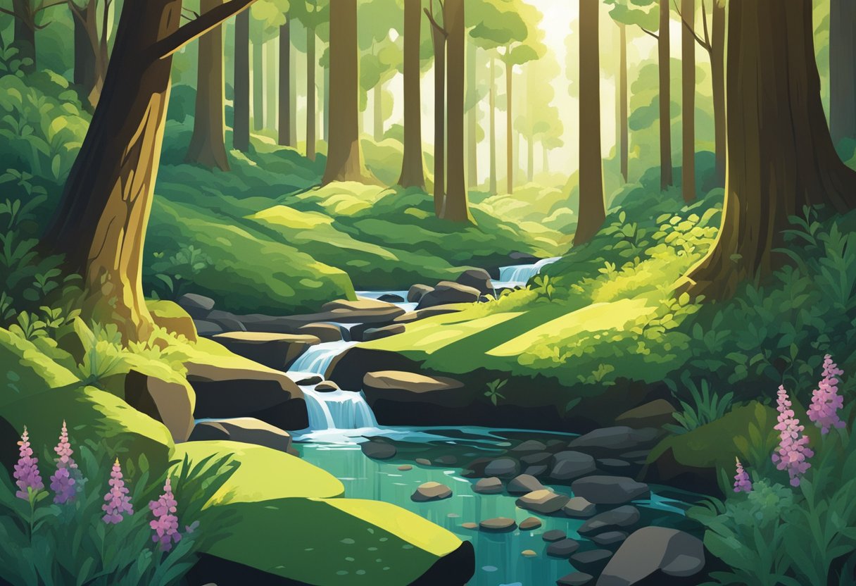 A serene forest with sunlight streaming through the dense canopy, casting dappled shadows on the forest floor. Wildflowers bloom, and a small stream trickles through the moss-covered rocks