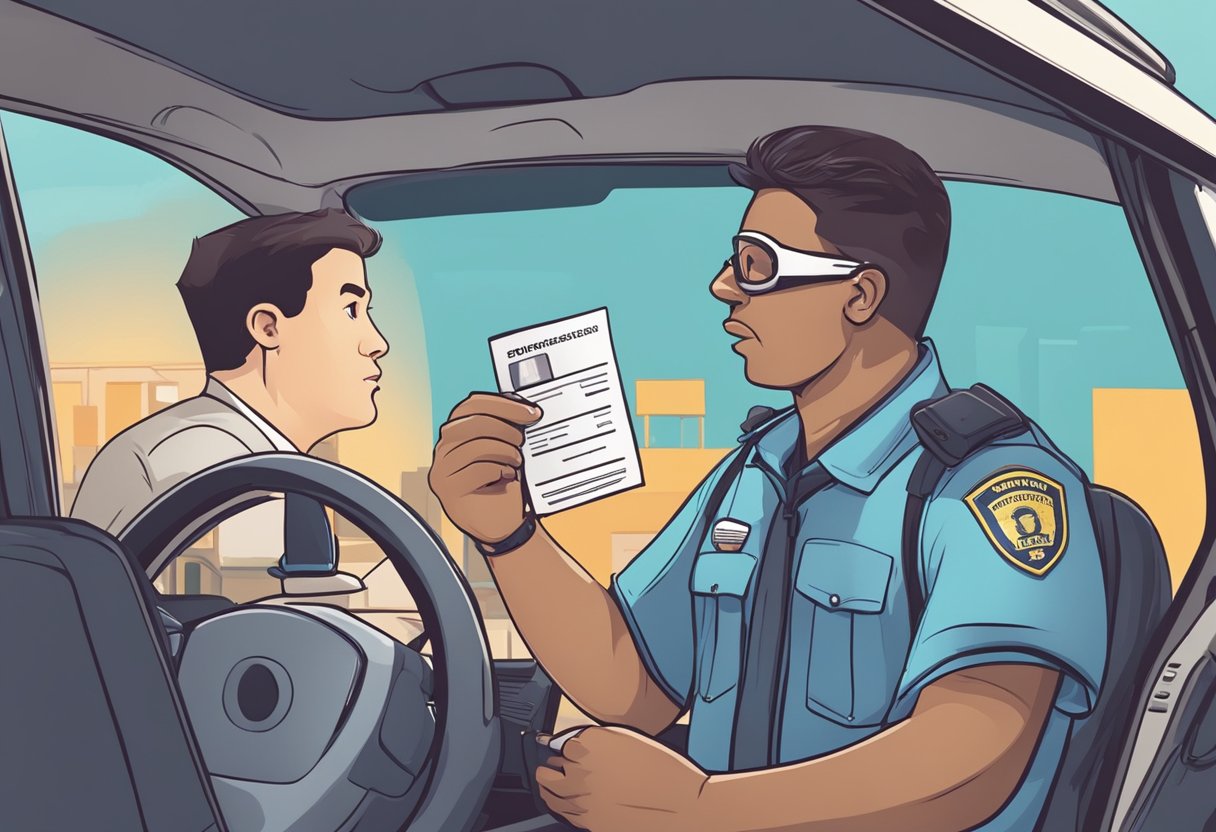 A driver holding a provisional driver's license receiving a ticket from a police officer. The driver looks confused and frustrated
