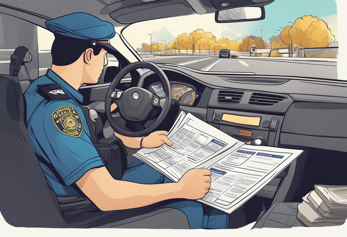 A driver holding a provisional driver's license, studying a manual on traffic laws, while a police officer points to common traffic violations