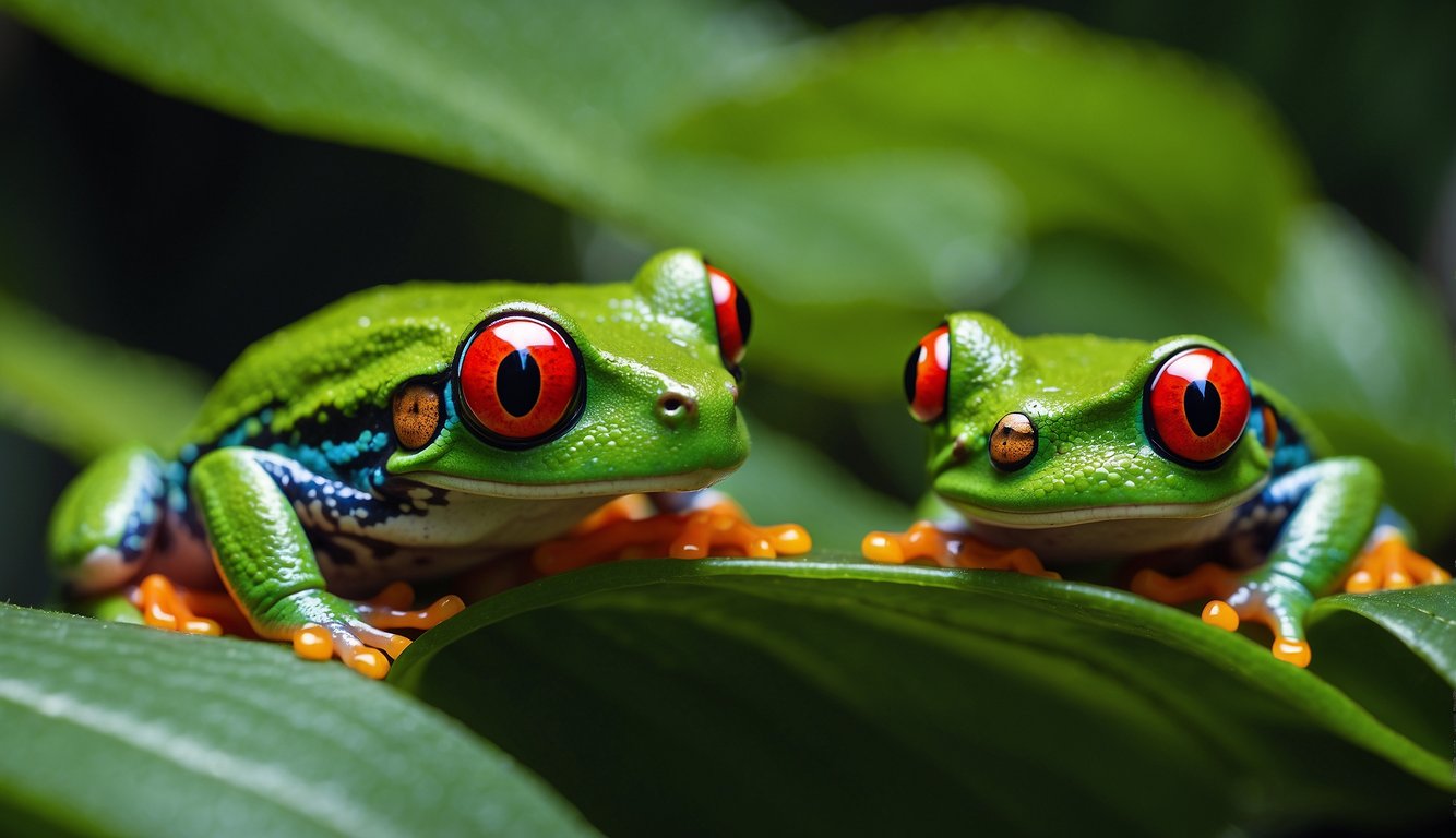 Two red-eyed tree frogs cling to a vibrant green leaf, blending in with their surroundings.

Their bright red eyes stand out against their green bodies, alert and ready to defend against predators
