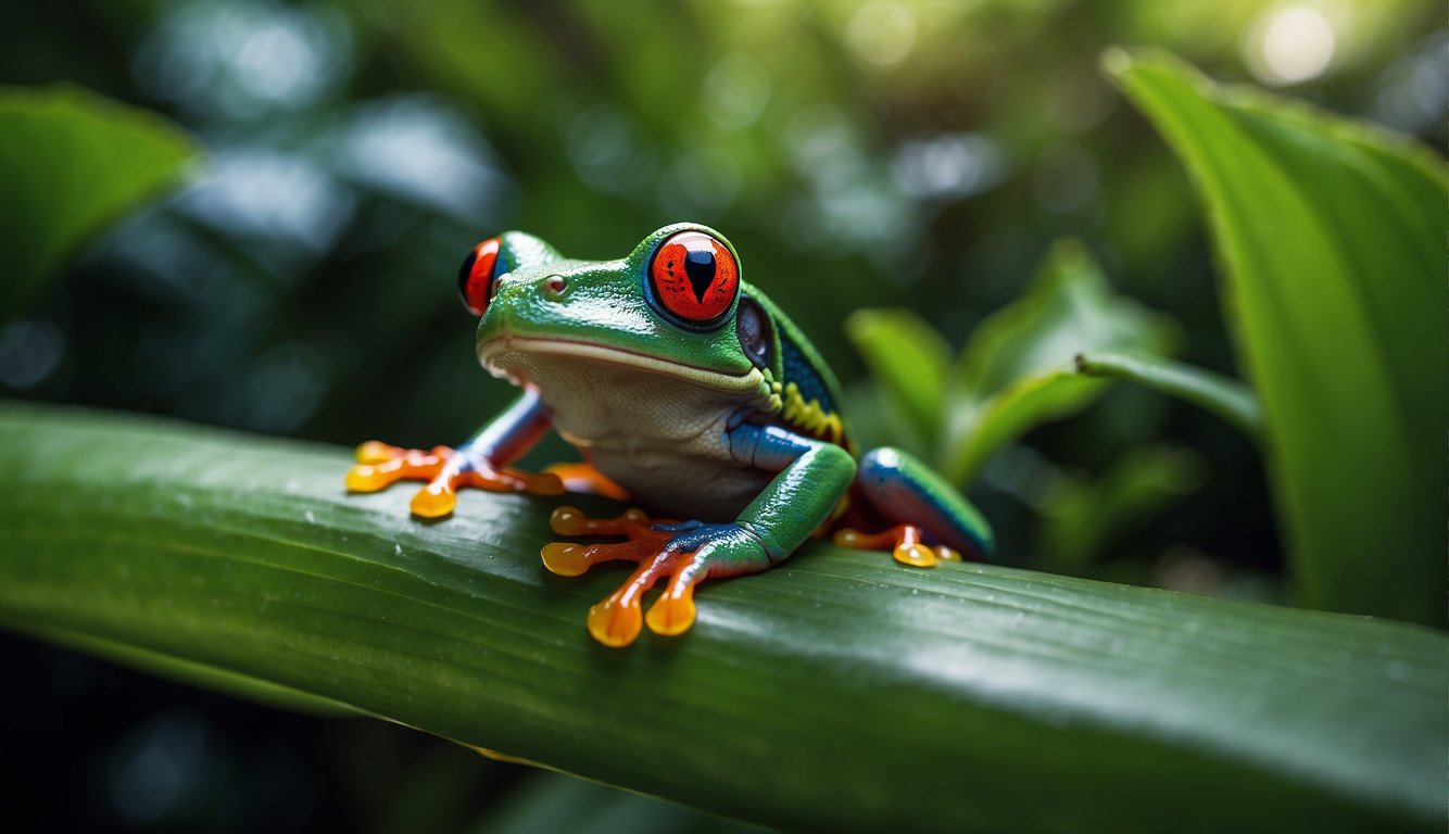 A red-eyed tree frog clings to a vibrant green leaf, its bright red eyes and vivid blue sides contrasting against the lush jungle backdrop