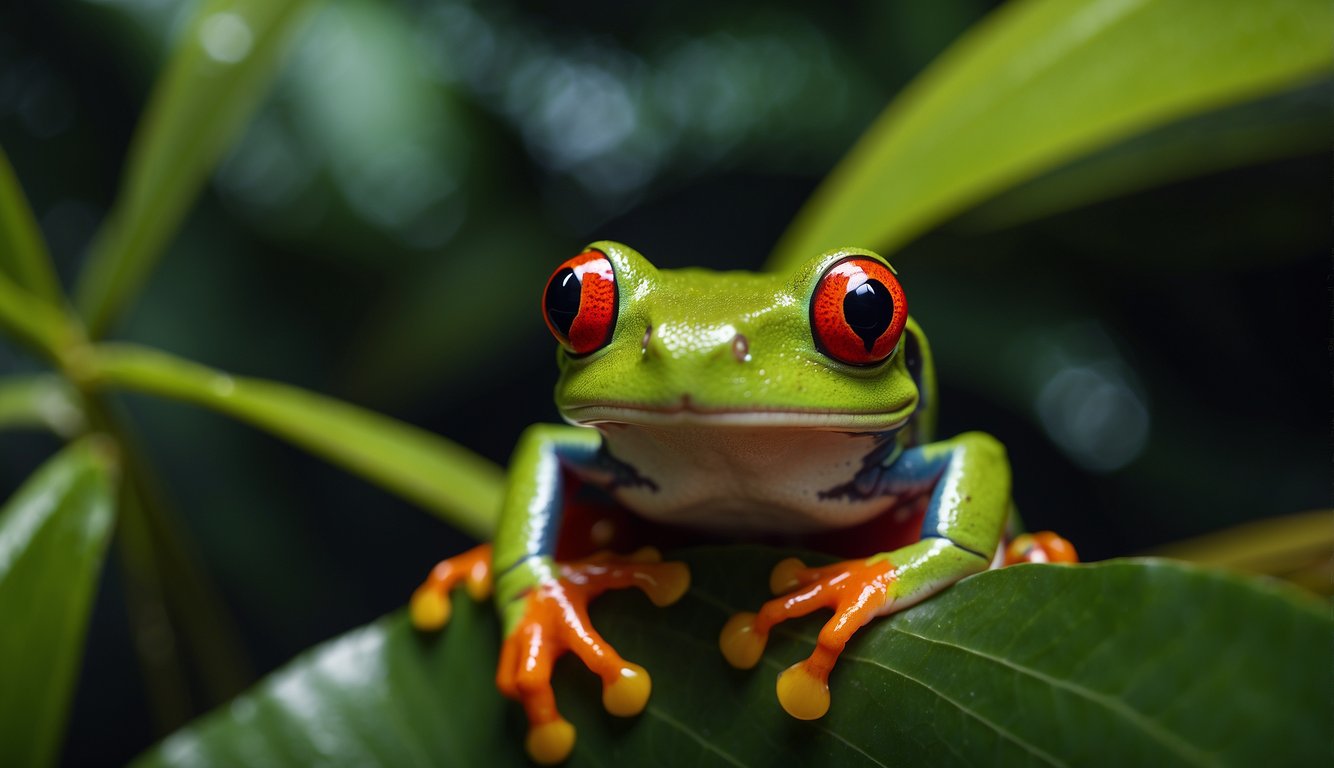 A red-eyed tree frog clings to a leaf, its vibrant green body contrasting with the deep red of its eyes.

It blends seamlessly into the lush, tropical foliage, camouflaged from predators