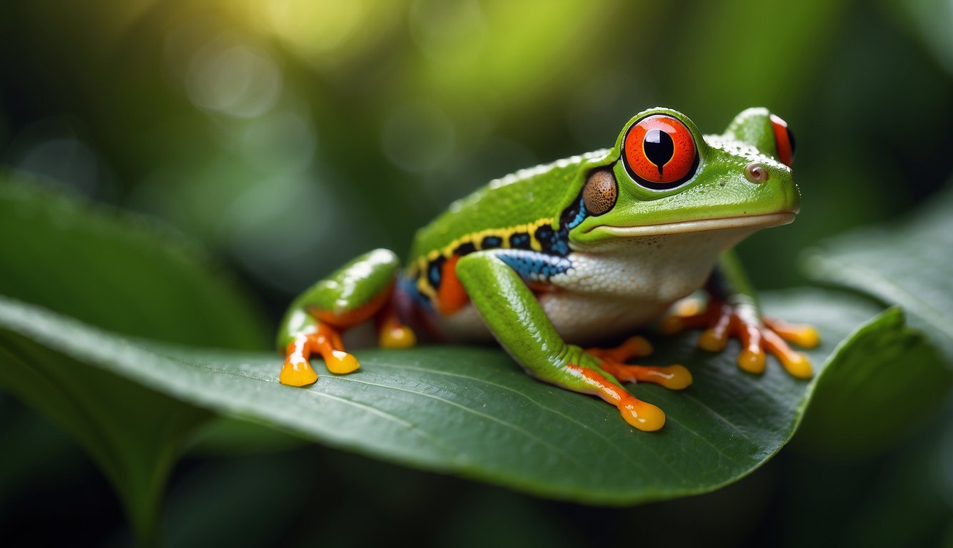 A red-eyed tree frog perches on a vibrant green leaf, camouflaged among the foliage.

Its bright red eyes stand out against the lush background, while its skin blends seamlessly with the leaves