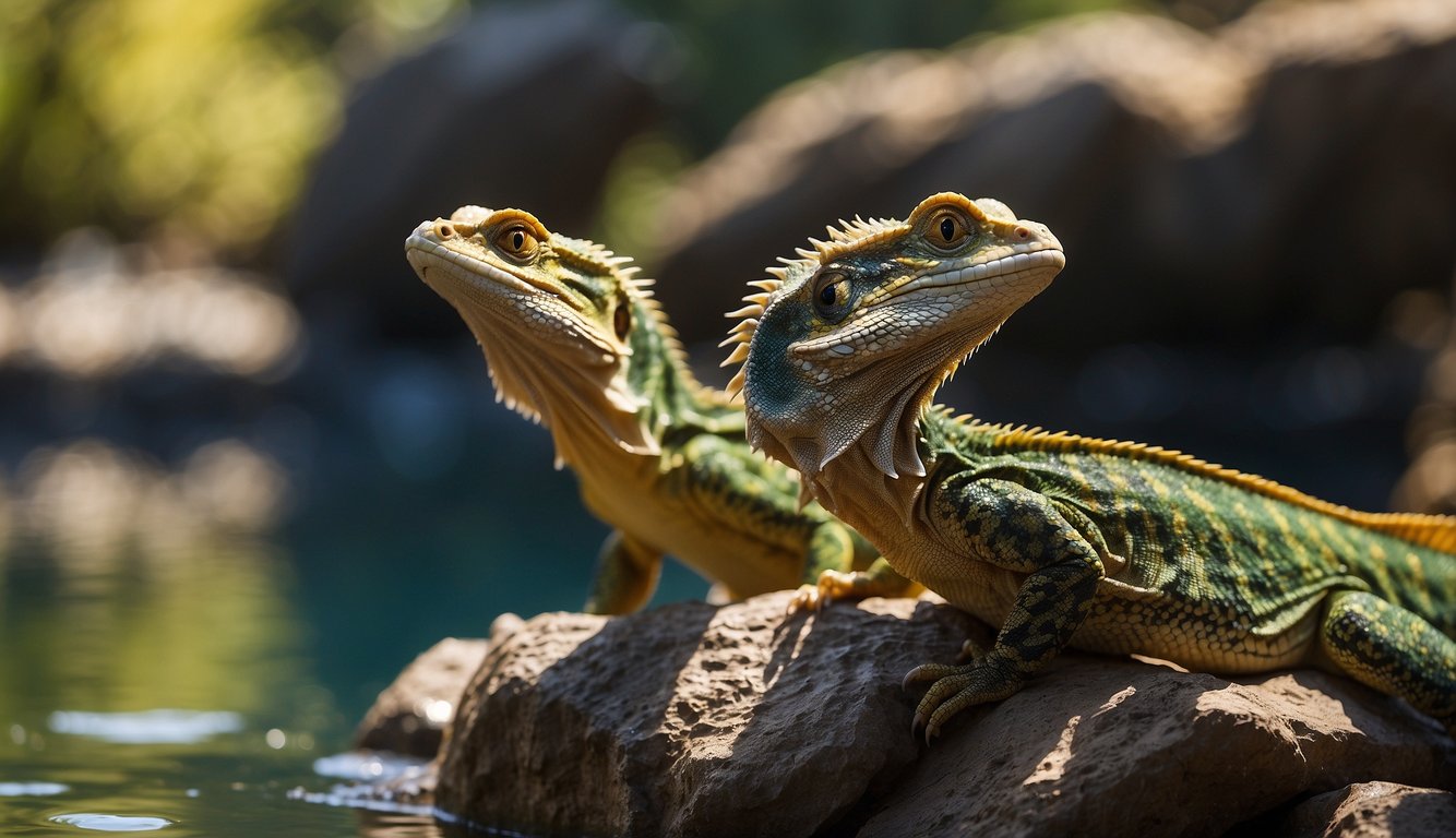 Sailfin dragons perform intricate courtship dances on the water's edge, displaying vibrant colors and graceful movements under the warm sunlight