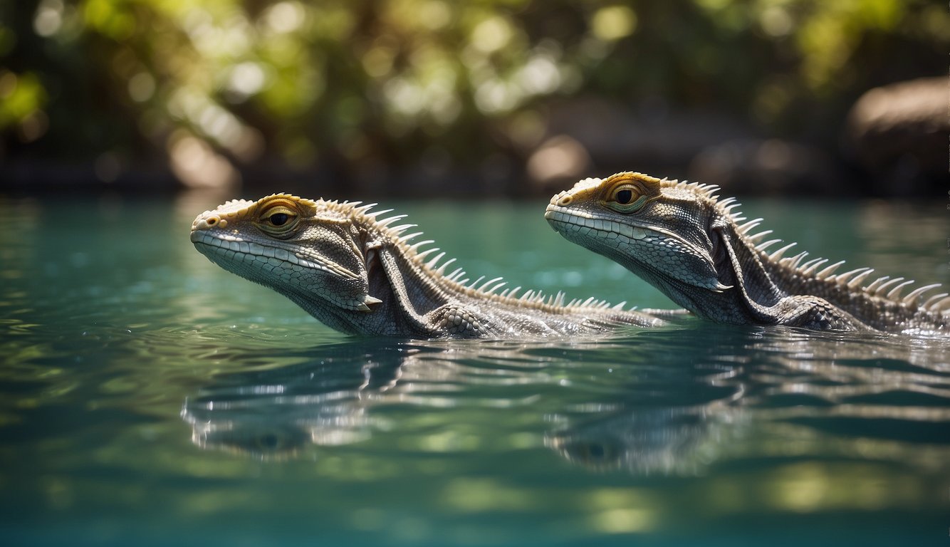 Two sailfin dragons perform synchronized swimming and elaborate mating displays in a sparkling, sun-dappled lagoon