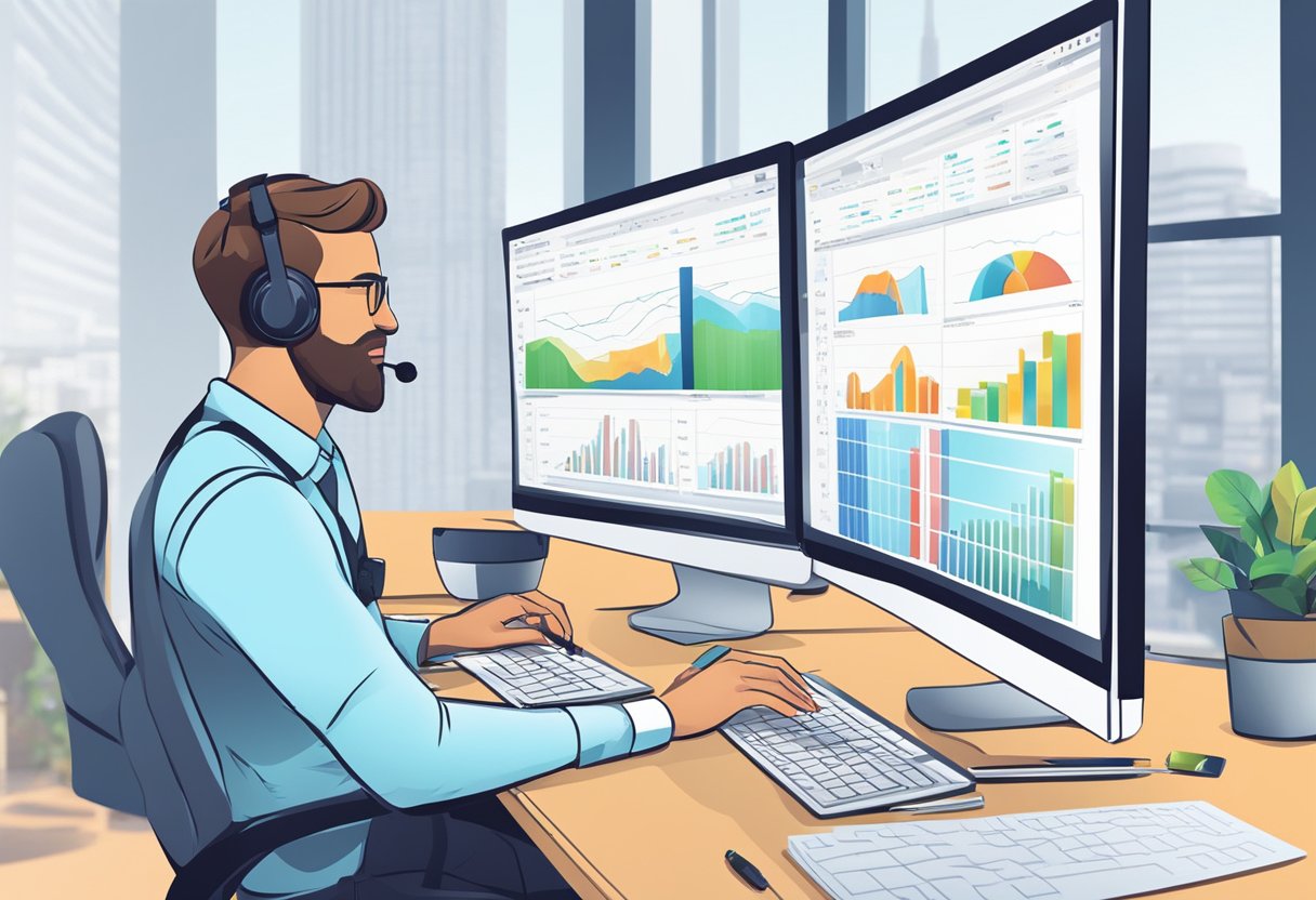 A contractor sits at a desk comparing different software options. Charts and graphs display features and pricing. Computer screens show various job management tools