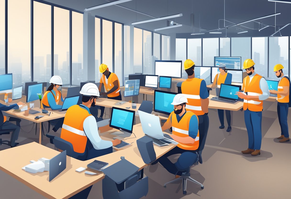 A group of contractors using alternative software, working on various projects. The software is displayed on screens and tablets, with tools and equipment scattered around the workspace