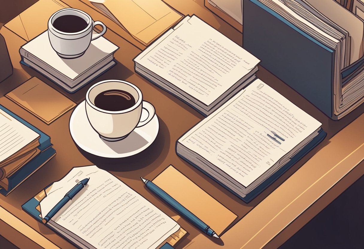 A table with a stack of quote cards, a pen, and a cup of coffee. A warm, cozy atmosphere with soft lighting and a bookshelf in the background