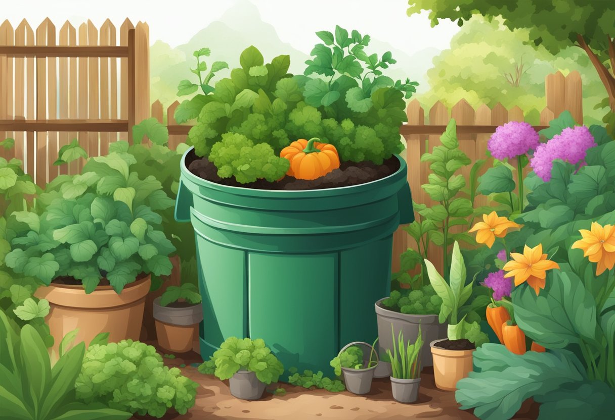 A lush garden with a compost bin surrounded by thriving plants and vegetables. The compost bin is filled with organic waste, emitting earthy aromas