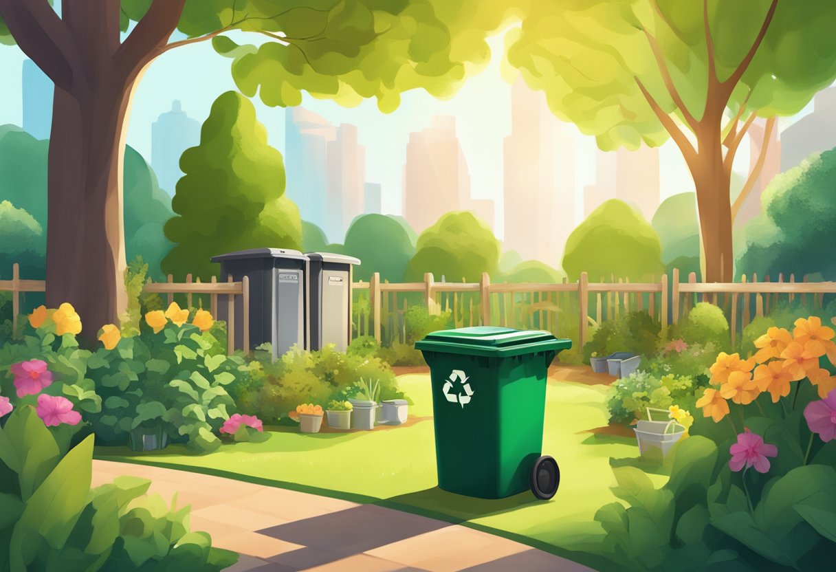 A lush garden with a compost bin, recycling bins, and a zero waste sign. Sunlight filters through the trees, highlighting the sustainable lifestyle