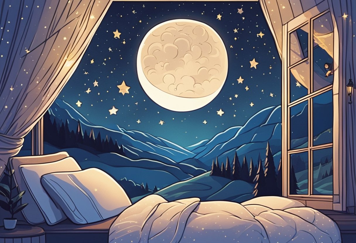 A starry night sky with a crescent moon, twinkling stars, and a peaceful landscape. A cozy bed with soft pillows and a warm blanket. An open window with curtains gently blowing in the breeze