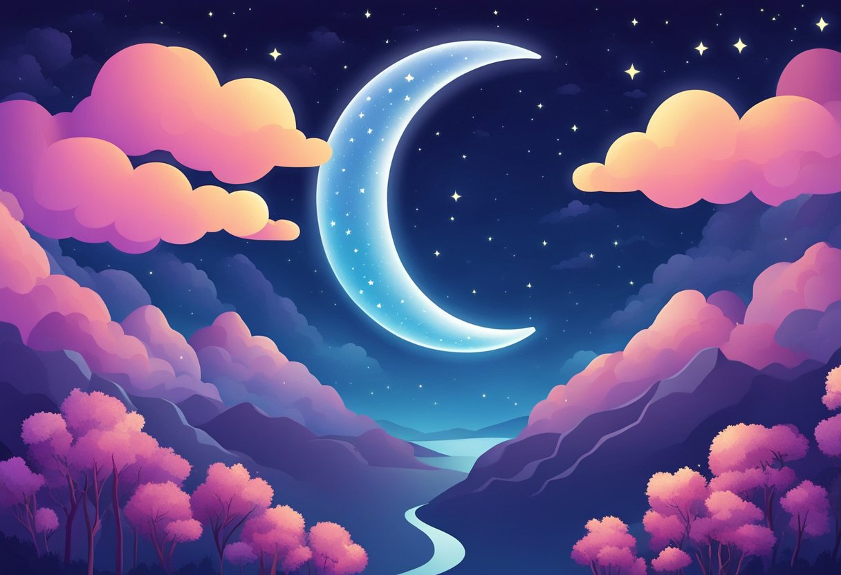 A serene night sky with twinkling stars and a crescent moon, with a peaceful landscape below. A collection of heartfelt good night quotes floating in the air, surrounded by a warm and comforting glow