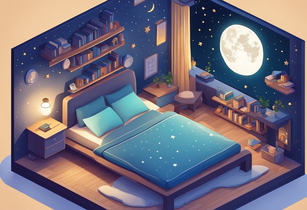 A moonlit sky with stars twinkling, a cozy bed with an open book, and a thought bubble filled with dreams and aspirations