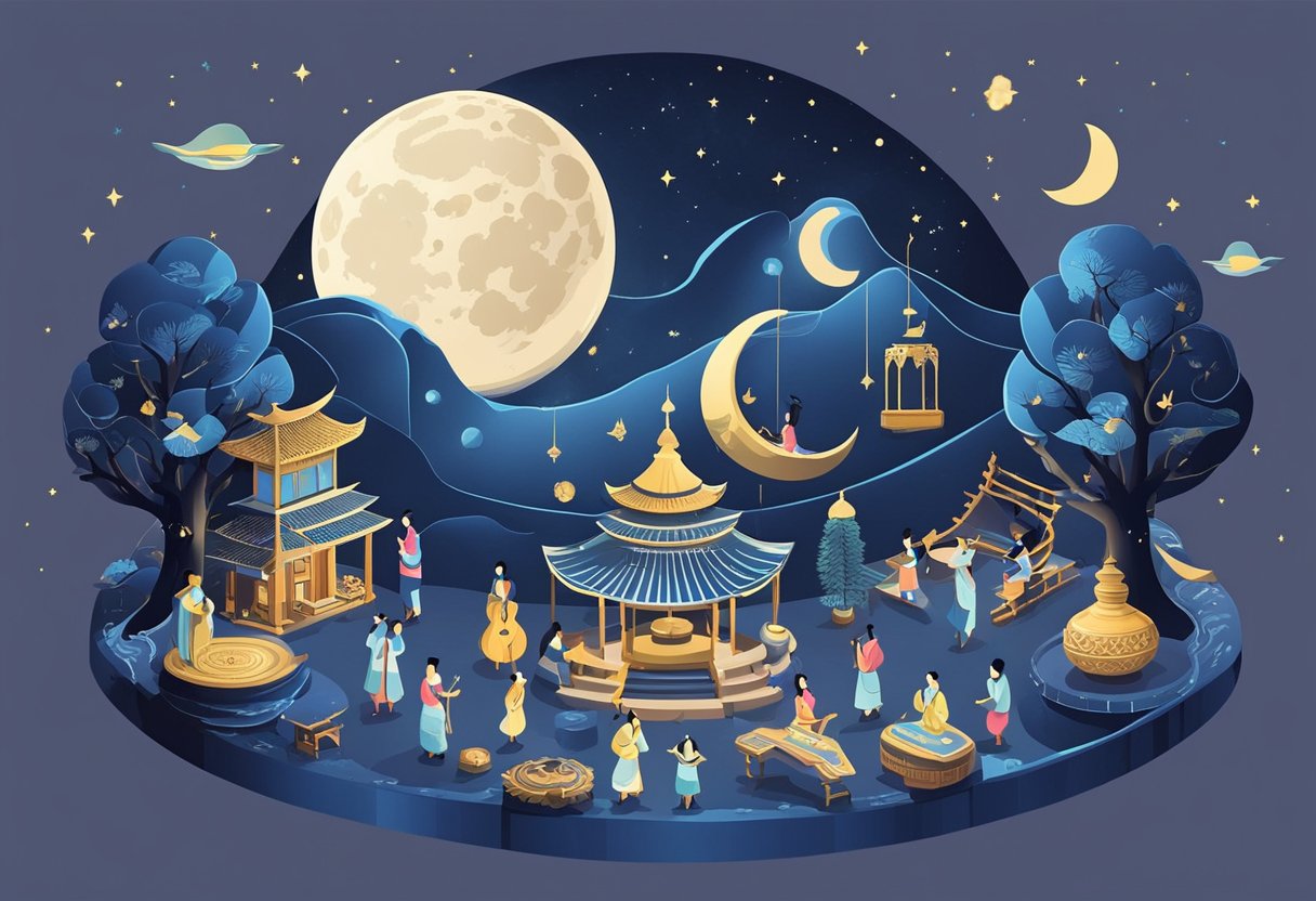 A serene moonlit night with silhouettes of traditional cultural symbols and artistic expressions, such as musical instruments, dance poses, and calligraphy brushes