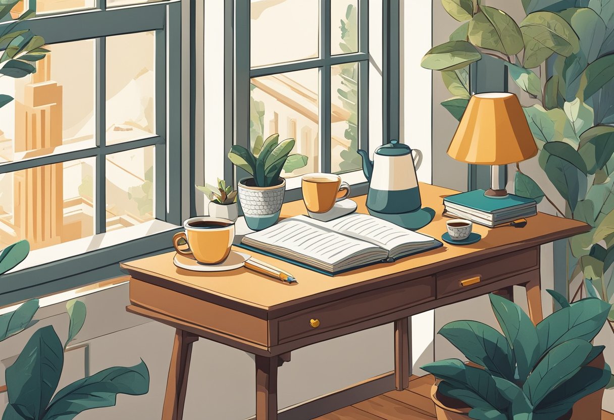 A desk with open books, a pen, and a cup of coffee. A cozy chair and a bright window with a view. A quiet, studious atmosphere