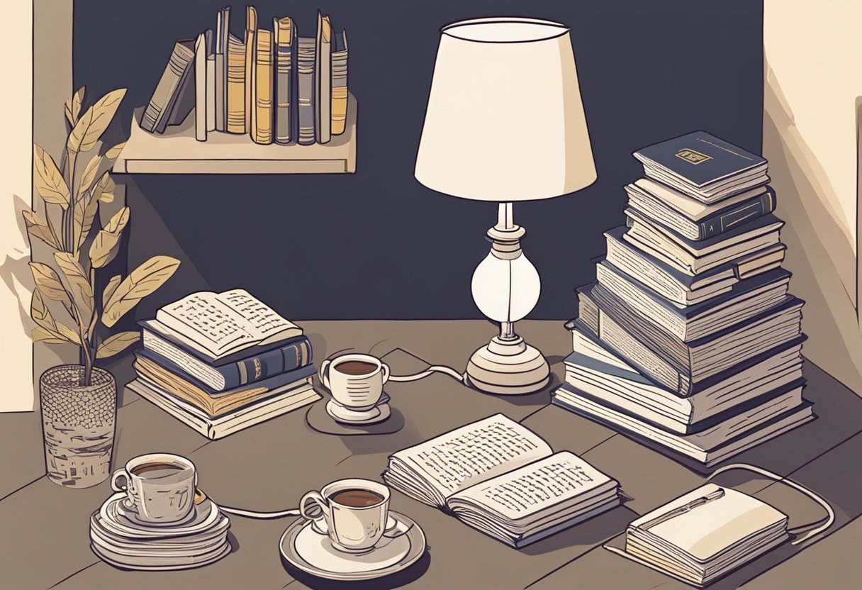 A stack of books with quotes on study, a cozy reading nook, a desk with a lamp, and a mug of tea