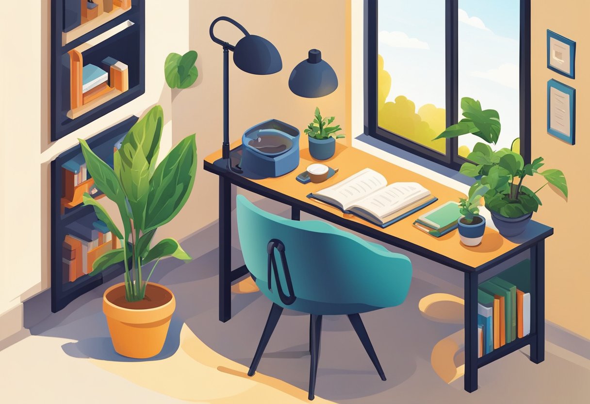 A desk with an open book, a pen, and a cup of coffee. A cozy study nook with a lamp and a potted plant