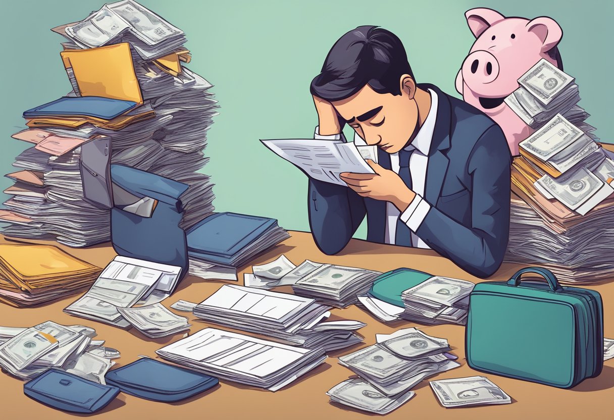 A person with a sad expression looking at a pile of unpaid bills and a negative bank statement, surrounded by empty wallets and a piggy bank with a crack
