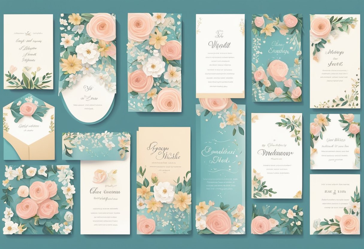 A group of elegant wedding cards with heartfelt wishes quotes, surrounded by delicate floral decorations