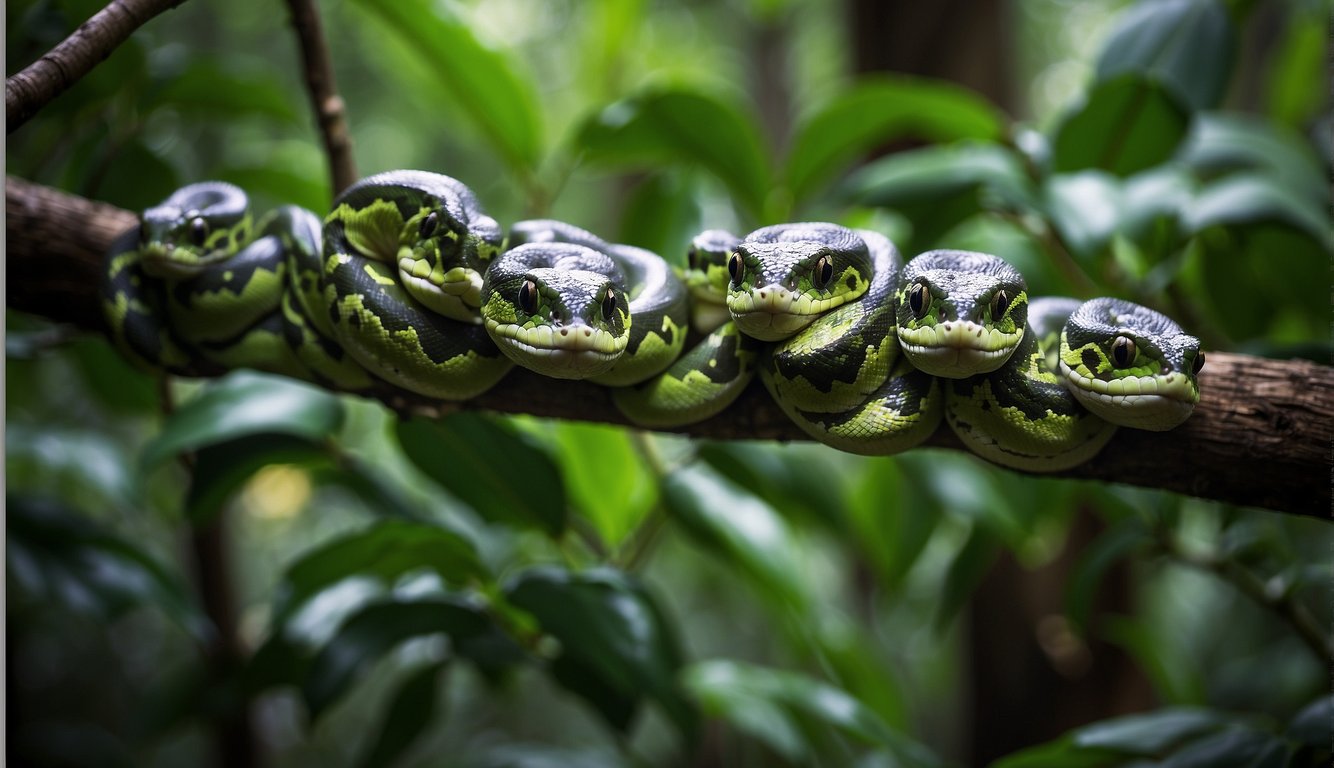 Green Tree Pythons coil around branches, waiting to strike prey in the lush jungle canopy