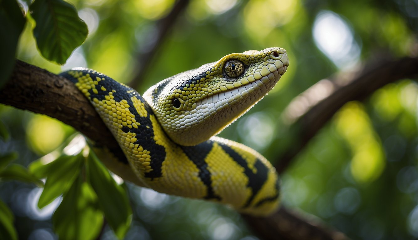 A lush rainforest canopy, with dappled sunlight filtering through dense foliage.

A green tree python coils around a tree branch, waiting to ambush its prey