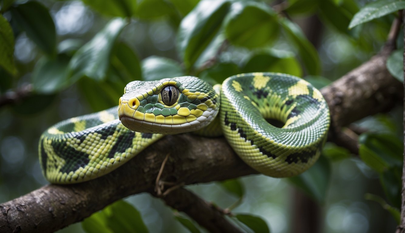 A green tree python coils around a tree branch, blending into the lush foliage, ready to strike at unsuspecting prey