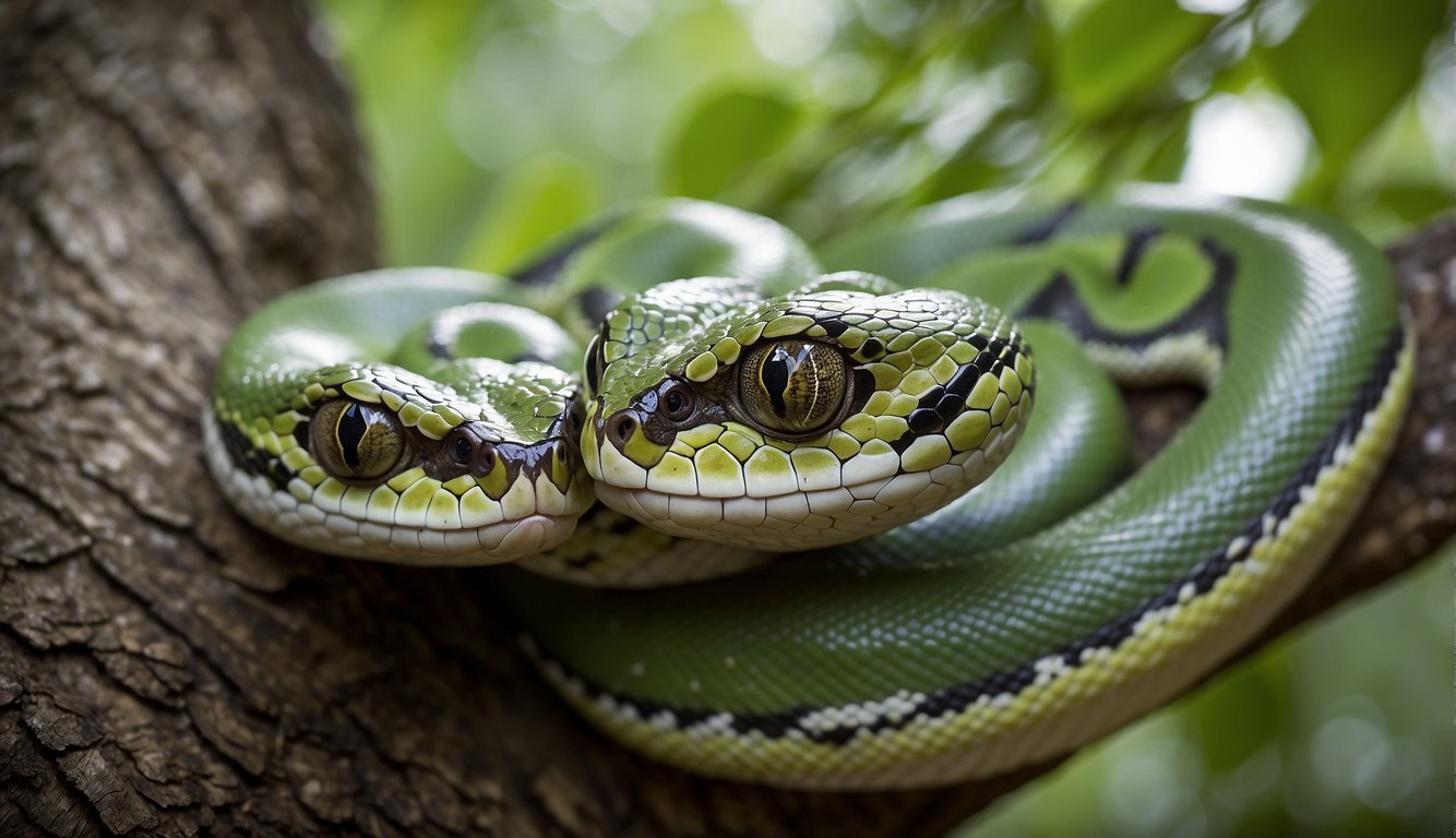 Green Tree Pythons coil around a tree branch, blending into the foliage.

Eyes fixed on prey, they strike with lightning speed, constricting their victim before swallowing it whole
